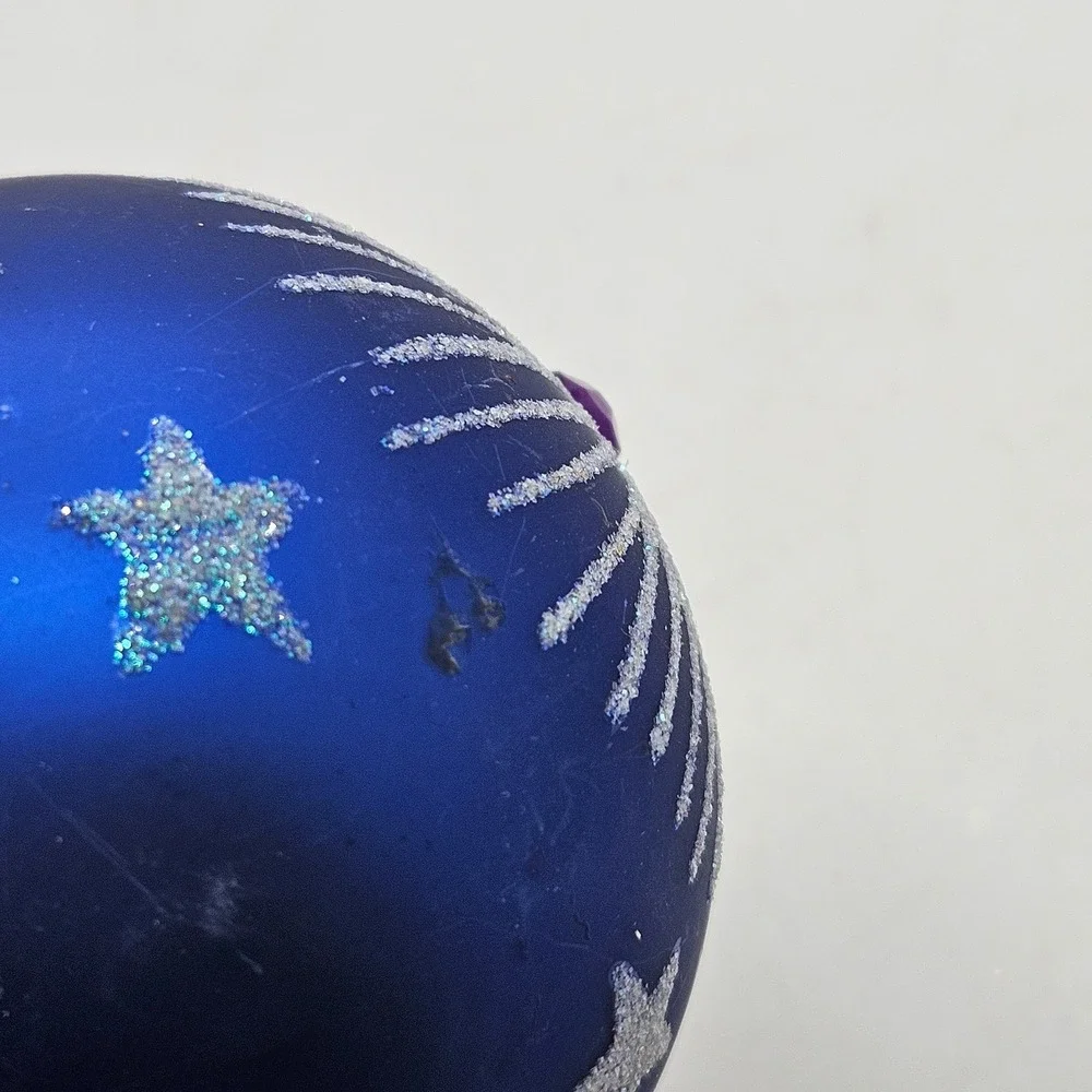 Vintage Blue Glass Christmas Ball Ornament Glitter Starburst Purple Jewel